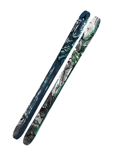 Topsheet of Atomic Bent 100 2023 skis with intricate mountain landscape graphics and earthy tones, built for skiers who blend freeride adventure with artistic expression