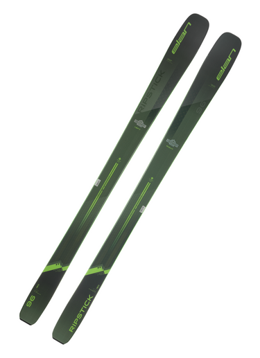 Elan Ripstick 96 Skis 2023: high-performance all-mountain freeride skis in sleek green design, engineered with Amphibio Carbon Line Technology for lightweight agility, superior float in powder, and edge precision on groomers