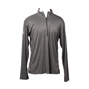 Men’s dark grey quarter zip pullover with long sleeves and athletic fit, featuring moisture-wicking heathered fabric and a minimalist outdoor-inspired design for everyday comfort