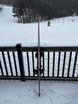 Side view of Atomic 2023-2023 Redster G9 NASTAR level skis hooked together in a snowy setting