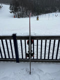 Side view of Atomic 2023-2023 Redster G9 NASTAR level skis hooked together in a snowy setting