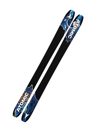 Base view of Atomic Bent 100 2023 skis featuring bold Atomic logo and dark finish, designed for smooth glide, versatility, and creative freeride expression on any mountain