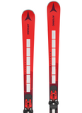 Tip section of Atomic Redster G9 2023 skis displaying Atomic branding and race-inspired red finish, engineered for aggressive grip and fast edge initiation on hard snow