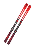 Top view of Atomic Redster G9 2023 skis with integrated bindings and red gradient topsheet, built for expert skiers seeking high-speed carving precision and World Cup performance