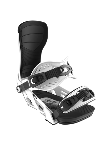 Angled front view of Bent Metal Axtion snowboard binding in white and black, featuring dual power straps, responsive highback, and lightweight chassis for precision riding and durability