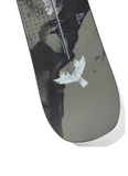 Tail section of Burton Instigator snowboard with soaring dove artwork on a gray finish, representing balance and freedom, built for effortless turns and stability in all conditions