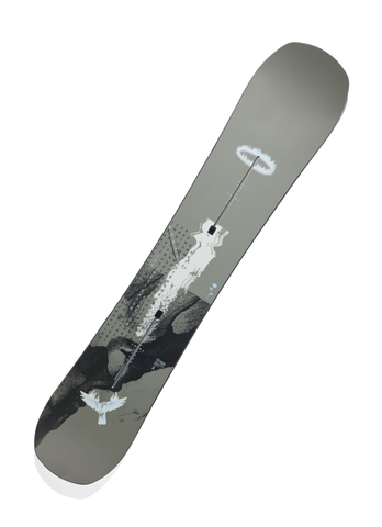 Full topsheet image of Burton Instigator 2024 snowboard showcasing artistic gray design with dove and rose graphics, engineered for lightweight control, progression, and smooth carving