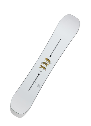 Top-down view of 2024 Burton Process snowboard with white topsheet and tiger graphic design, built for advanced freestyle performance with balanced flex and precise camber profile