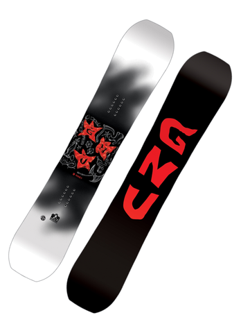 GNU C Money men’s snowboard 2024 with black and white topsheet featuring red flame-style logo and matching red GNU base, built for freestyle riders who want durability, pop, and park-to-mountain performance