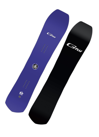 GNU Gremlin snowboard 2024 with sleek purple topsheet and minimalist black base, designed for aggressive freeride snowboarding, offering power, float, and edge control in powder and variable terrain