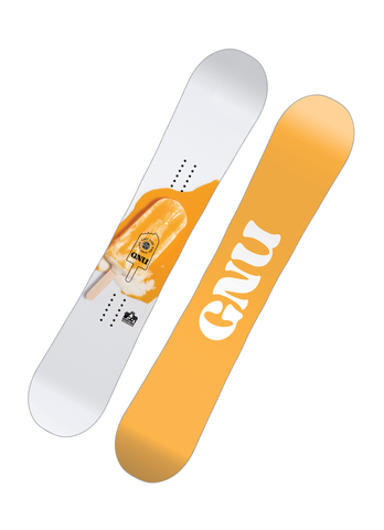 GNU B-Nice women’s snowboard 2024 with orange creamsicle popsicle graphic on white topsheet and bright orange base, designed for beginner to intermediate riders seeking a playful, forgiving all-mountain twin board