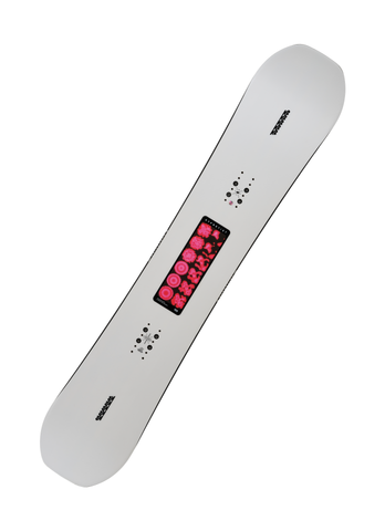 Top view of K2 Hypnotist 2024 snowboard with minimalist white topsheet and central pink geometric art strip, designed for freestyle riders who want stability, pop, and modern park performance