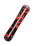 Base of K2 World Peace snowboard 2024 with bold red and black K2 logo graphic, designed for freestyle performance, durability, and standout style across park and mountain terrain
