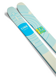Close-up of LINE Tom Wallisch Pro ski tips: blue and cream topsheet with orbit-inspired graphics and LINE Earth and TW Pro branding for park skiing