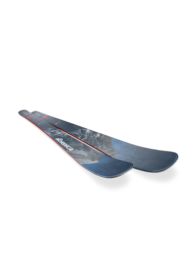 Angled view of Nordica Enforcer 88 men’s all-mountain skis in blue and red, combining power and versatility for groomed runs and off-piste performance with an energetic flex profile