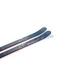 Close-up of Nordica Enforcer 88 all-mountain skis featuring sleek blue topsheet with mountain graphics, red sidewalls, and rockered tip design for smooth turn initiation and control on varied terrain