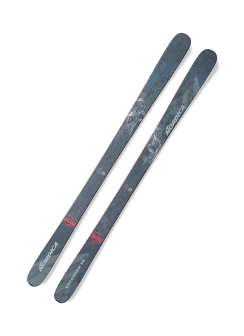 Top view of Nordica Enforcer 88 skis showcasing mountain-inspired graphics, dual metal laminate construction, and durable wood core engineered for high-speed stability and precision carving