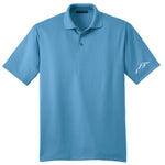 Ocean blue Port Authority performance golf polo with white embroidered Wachusett Mountain logo on sleeve, moisture-wicking fabric, and three-button placket men's activewear shirt