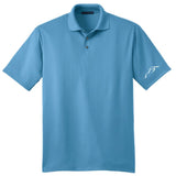 Ocean blue Port Authority performance golf polo with white embroidered Wachusett Mountain logo on sleeve, moisture-wicking fabric, and three-button placket men's activewear shirt