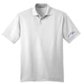 Front view of white Wachusett Mountain performance golf polo featuring three-button placket, moisture-wicking fabric, and embroidered blue mountain logo on the sleeve