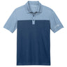 Front view of Aegean Blue Wachusett Mountain performance polo with light and medium blue color-block design, three-button placket, and white mountain logo on the sleeve