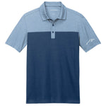 Two-tone Aegean blue and heather Port Authority piqué golf polo with white Wachusett Mountain logo on sleeve, lightweight breathable knit fabric, and athletic fit design