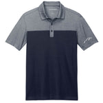 Color-block river blue and heather gray Port Authority piqué polo shirt with white embroidered Wachusett Mountain logo on sleeve, stylish performance wear for outdoor or golf use