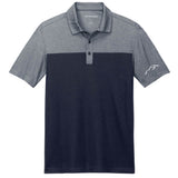 Color-block river blue and heather gray Port Authority piqué polo shirt with white embroidered Wachusett Mountain logo on sleeve, stylish performance wear for outdoor or golf use