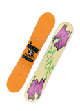 Ride Kink snowboard 2024 showcasing orange topsheet with cow graphic and cream-colored base featuring bold pink creature artwork, designed for park riders seeking durability, pop, and playful freestyle performance