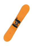 Top view of Ride Kink snowboard 2024 featuring bright orange topsheet with black and blue cow illustration and Ride Kink branding, built for advanced freestyle snowboarders who love rails, jumps, and creative park lines