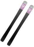 Base view of Rossignol Rallybird Soul 92 women’s skis with black underside and purple tip branding, engineered for speed, edge control, and responsive glide across all snow conditions