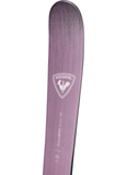 Close-up of Rossignol Rallybird Soul 92 women’s all-mountain ski tip in plum purple finish, featuring Rossignol logo and premium wood grain texture for stylish performance on groomed and mixed terrain