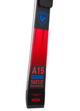 Tail detail of Rossignol Hero Athlete GS 2023 skis highlighting A15 Athlete GS Pro markings and turn radius specs, designed for junior racers seeking aggressive giant slalom performance and acceleration