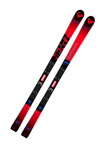 Rossignol Hero Athlete GS 2023 skis with bold red and black topsheet design featuring Rossignol rooster logo, engineered for elite junior giant slalom racers demanding precision, edge grip, and race-winning power