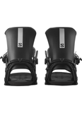 Rear view of Salomon District black snowboard bindings showcasing ergonomic highback and impact-absorbing footbed, engineered for freestyle comfort and all-day durability
