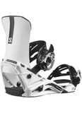 Salomon District snowboard binding in white and black, featuring lightweight construction, asymmetrical highback, and durable straps for freestyle performance and all-mountain control