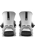 Back view of Salomon District white snowboard bindings with minimalist highback design and Salomon logo, offering responsive flex and ergonomic support for smooth, controlled rides