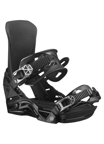 Angled image of Salomon District snowboard binding in matte black with adjustable ankle and toe straps, designed for stability, comfort, and precision in freestyle and park terrain