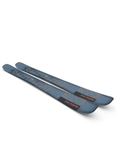 Angled image of Salomon QST 92 skis showing modern blue topsheet and rocker-camber-rocker profile, ideal for advanced skiers seeking all-mountain versatility and high-speed performance
