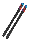 Base view of Salomon QST 92 skis with black underside and gradient blue tips featuring bold Salomon branding, built for smooth glide and consistent control in all snow conditions