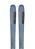 Close-up view of Salomon QST 92 ski tips in blue and gray with geometric Salomon graphics, engineered with progressive rocker profile for float, maneuverability, and control