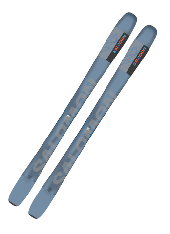 Top view of Salomon QST 92 all-mountain skis in sleek matte blue finish with Salomon logo, designed for powerful edge grip, lightweight agility, and stability across groomers and mixed snow
