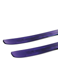 Close-up of Salomon QST 98 ski tails in deep purple finish showing precise construction and flat tail profile, ideal for strong turns and responsive handling across all snow conditions