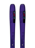 Close-up of Salomon QST 98 ski tips highlighting progressive rocker design for float and maneuverability, with premium purple topsheet and embossed QST 98 graphics