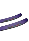 Front view of Salomon QST 98 ski tips featuring sleek purple design with vibrant Salomon logo, built for high performance, agility, and edge precision on any mountain terrain