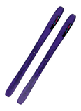 Top view of Salomon QST 98 all-mountain skis in bold purple finish with Salomon logo, featuring lightweight wood core and carbon reinforcement for stability, power, and all-terrain versatility