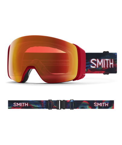 Smith 4D MAG Crimson Glitch Hunter Snow Goggles with ChromaPop Red Mirror lens: vivid red frame and digital glitch pattern strap for standout mountain style. Featuring 4D MAG technology for a wider field of view and lightning-fast lens swaps