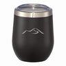 Black Wachusett Mountain stainless steel wine tumbler with engraved mountain logo, double-wall insulation, and clear lid for spill-resistant sipping