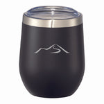 Black insulated wine tumbler with etched Wachusett Mountain logo. This stylish and functional drinkware for ski lovers and winter outdoor enthusiasts.