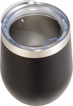 Matte black insulated stainless steel wine tumbler with clear push-on lid and silver trim designed for maintaining beverage temperature during outdoor winter adventures or après-ski relaxation.